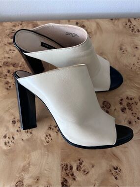 French Connection Cream Black Meena Minimalist Block Heel Mules 38.5